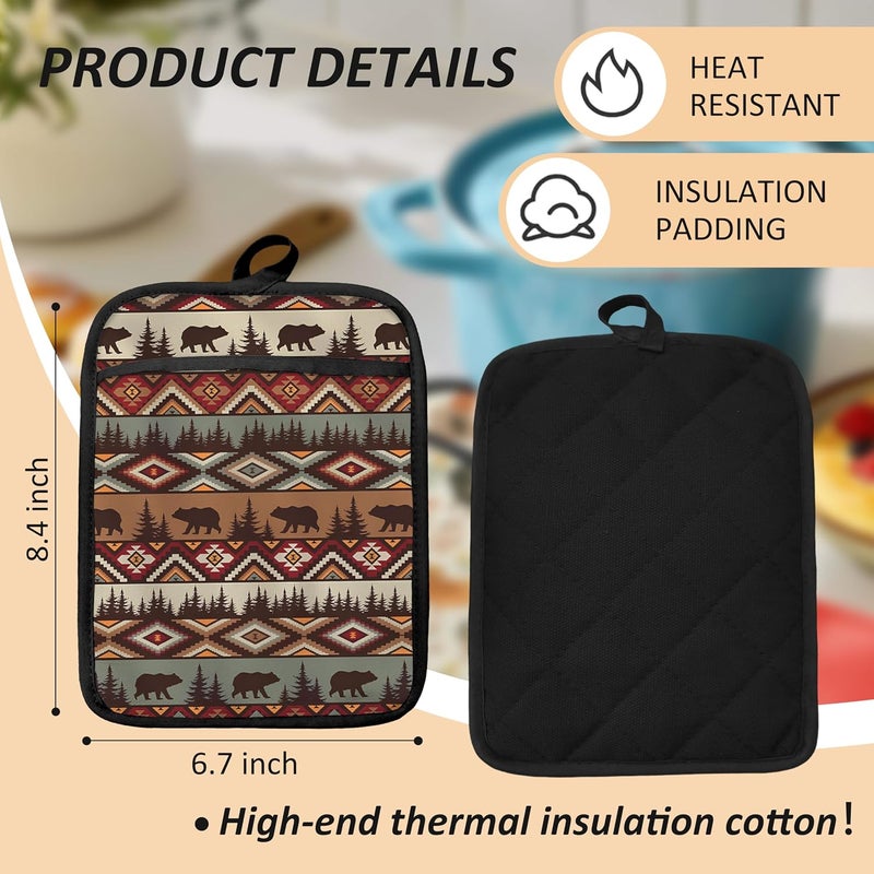 HUGANE Western Aztec Bear Oven Mitts Set, Camping Camper RV Gifts, Aztec Native Tribal Heat Resistant Kitchen Oven Gloves for Baking and Cooking,Pot Holders - Image 2